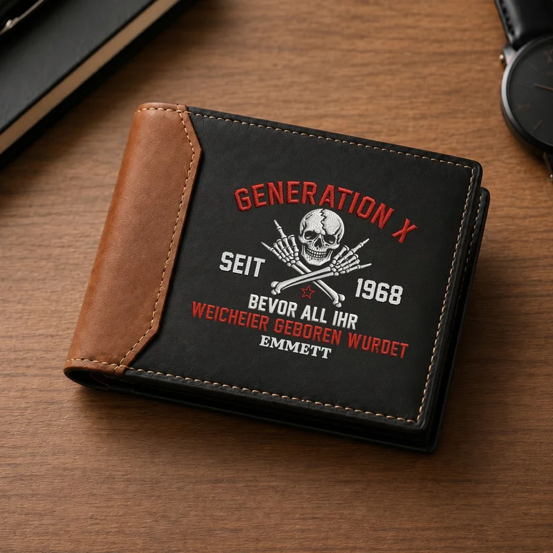 [3D-Optik] Gen X Skelett Mittelfinger - Personalisierte Geschenke Lustig | Premium Leder Portemonnaie Papa Opa