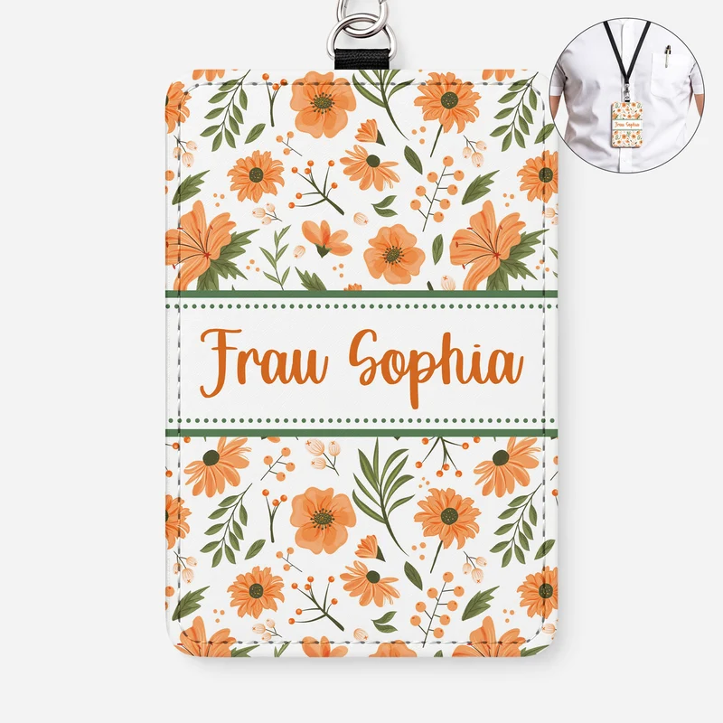 Lehrerin Blumen - Personalisiertes Geschenk | Leder Ausweishalter Mit Band