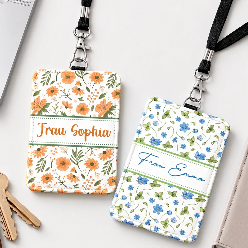 Lehrerin Blumen - Personalisiertes Geschenk | Leder Ausweishalter Mit Band