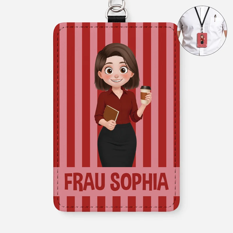 Lehrerin Streifen - Personalisiertes Geschenk | Leder Ausweishalter Mit Band