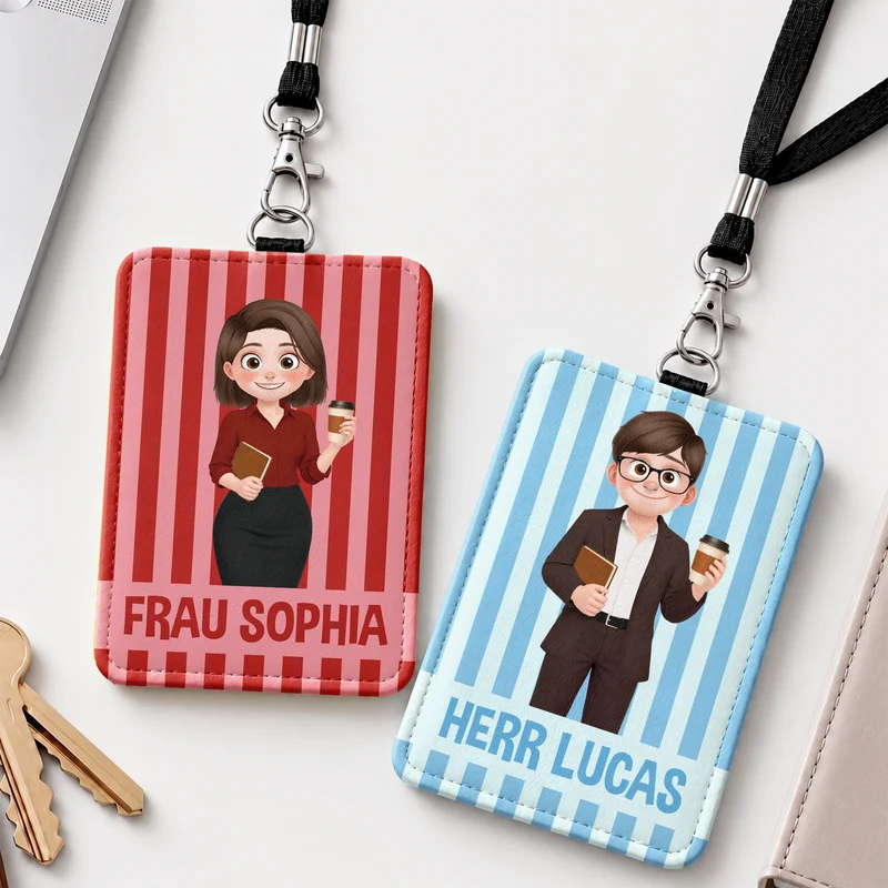 Lehrerin Streifen - Personalisiertes Geschenk | Leder Ausweishalter Mit Band