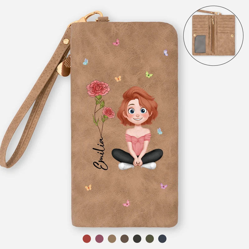 Name + Geburtsmonat Blume - Personalisierte Geschenke Für Frauen | Wristlet Geldbörse Cartoon