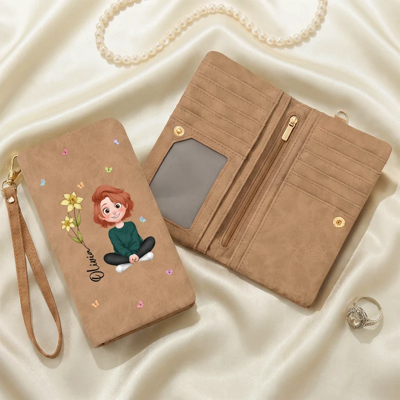 Name + Geburtsmonat Blume - Personalisierte Geschenke Für Frauen | Wristlet Geldbörse Cartoon
