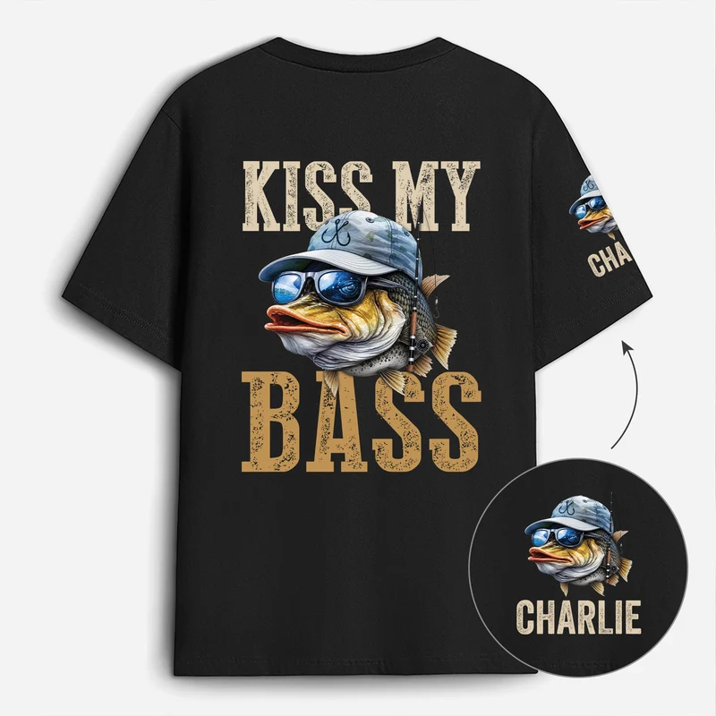 Kiss My Bass - Personalisiertes Geschenk | T-Shirt Mit Rücken- Und Ärmelprint Papa Opa Angeln
