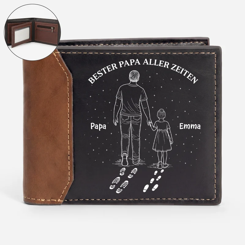 Bester Papa Aller Zeiten - Personalisiertes Geschenk | Premium Leder Portemonnaie Herren Papa Opa Schuhabdruck