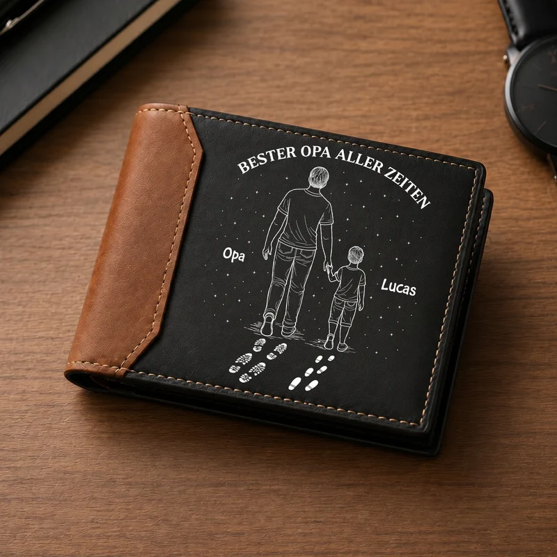 Bester Papa Aller Zeiten - Personalisiertes Geschenk | Premium Leder Portemonnaie Herren Papa Opa Schuhabdruck