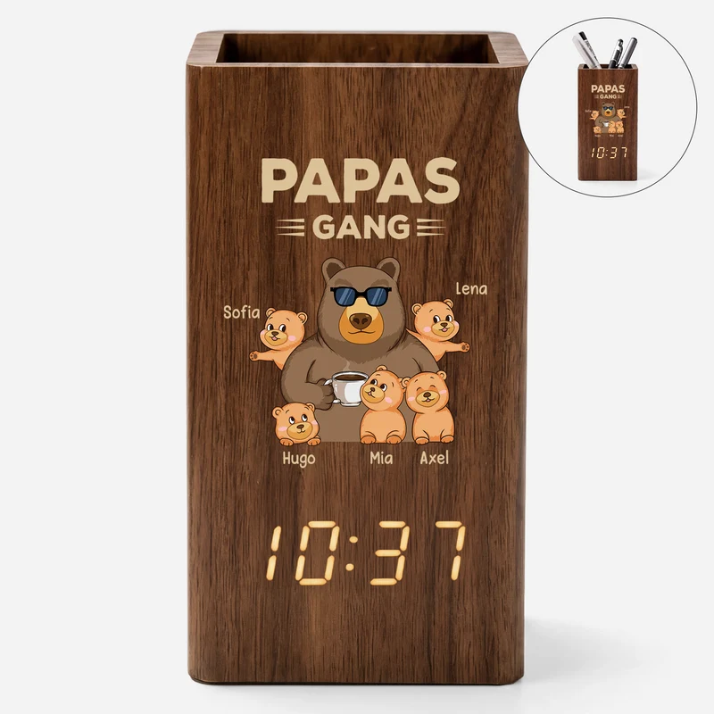 Papas Gang - Personalisiertes Geschenk | Stiftehalter Mit Uhr Papa Opa Bär