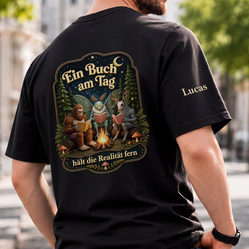Ein Buch Am Tag Hält Die Realität Fern - Personalisierte Geschenke Für Leseratten | T-Shirt Mit Rücken- Und Ärmelprint Mond Lustig