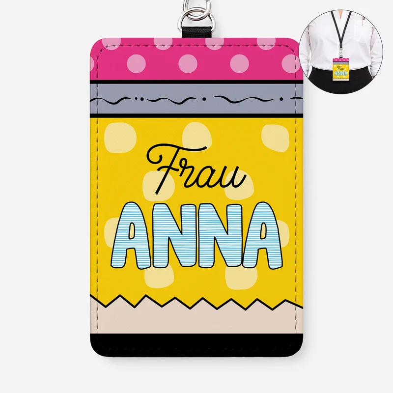 Lehrerin Polka - Personalisiertes Geschenk | Leder Ausweishalter Mit Band