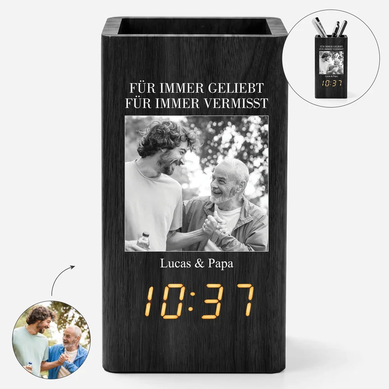 Für Immer In Meinem Herzen - Personalisierte Trauergeschenke | Stiftehalter Mit Uhr Foto