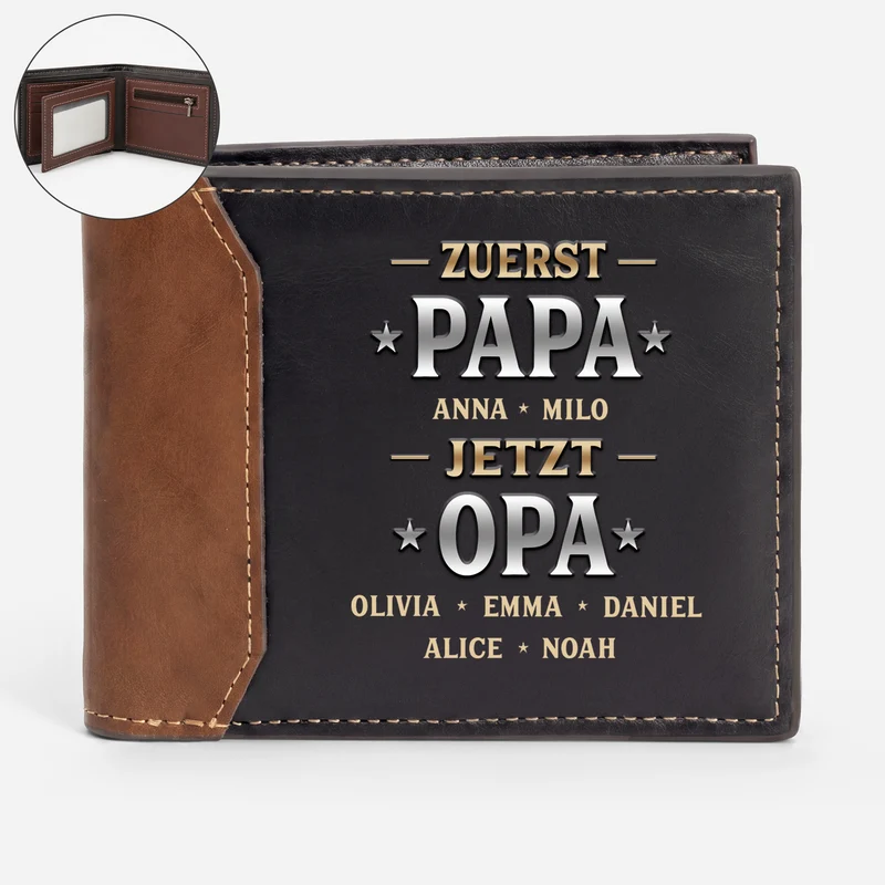 [3D-Optik] Zuerst Papa Jetzt Opa - Personalisiertes Geschenk | Premium Leder Portemonnaie Herren