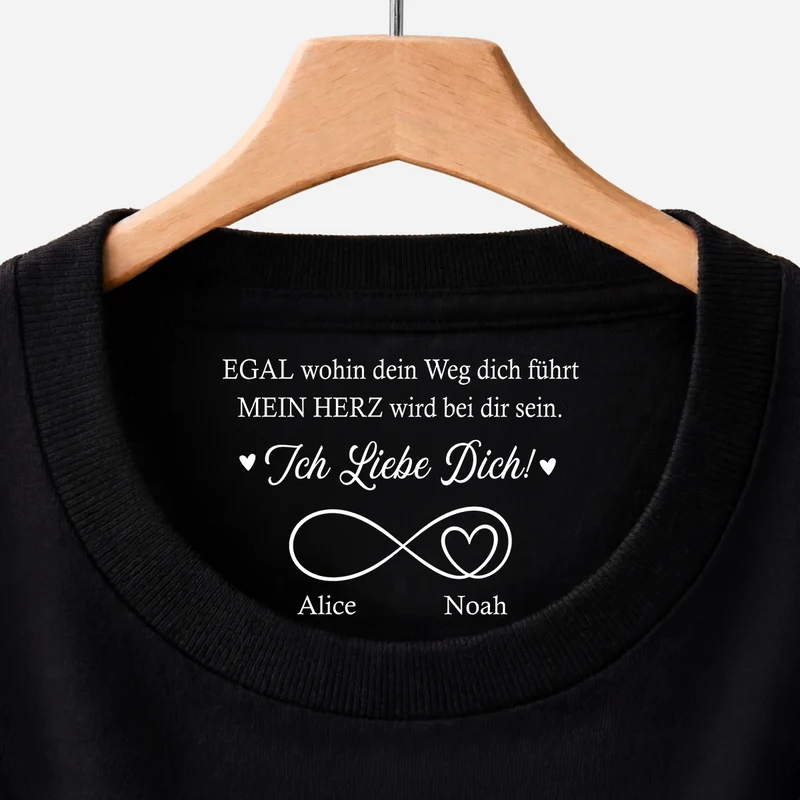 Mein Herz Wird Bei Dir Sein - Personalisierte Geschenke Paar | Schwarzes T Shirt Nackenlabel Drucken