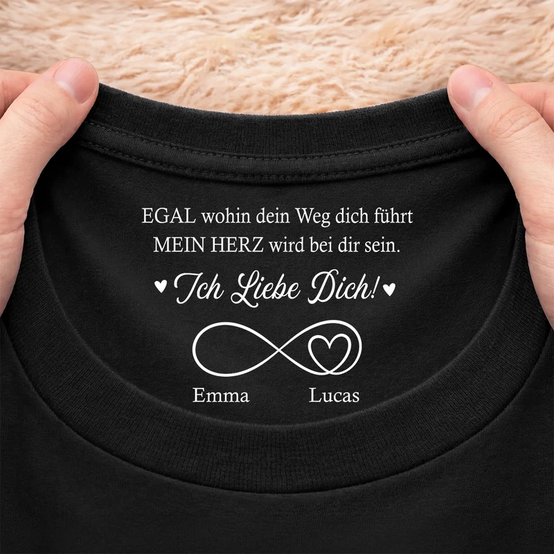 Mein Herz Wird Bei Dir Sein - Personalisierte Geschenke Paar | Schwarzes T Shirt Nackenlabel Drucken