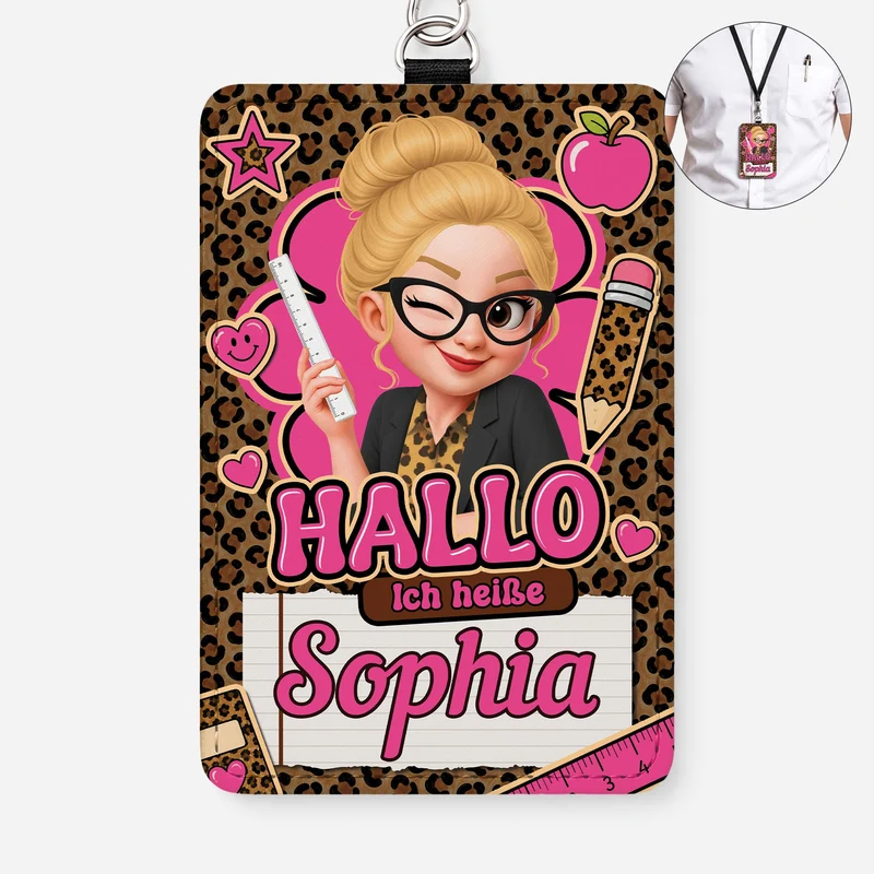 Hallo Ich Heiße - Personalisierte Geschenke Lehrerin | Leder Ausweishalter Mit Band