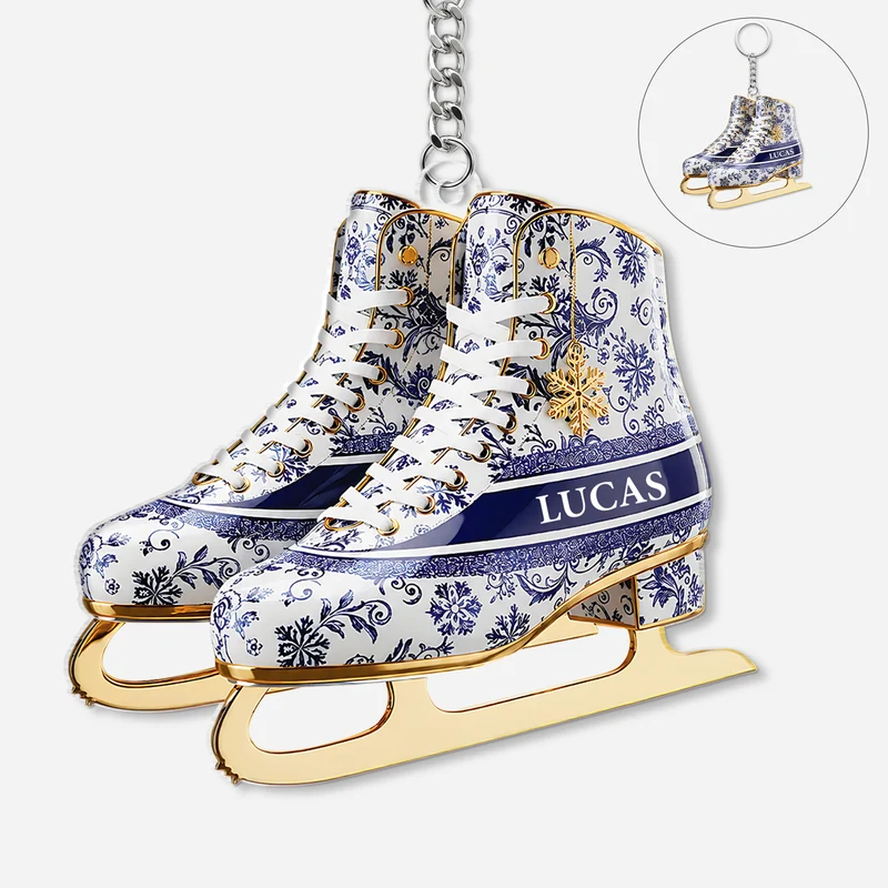 [3D-Optik] Eislaufschuhe - Personalisiertes Geschenk | Acryl Schlüsselanhänger Männer Frauen Blau Weiß