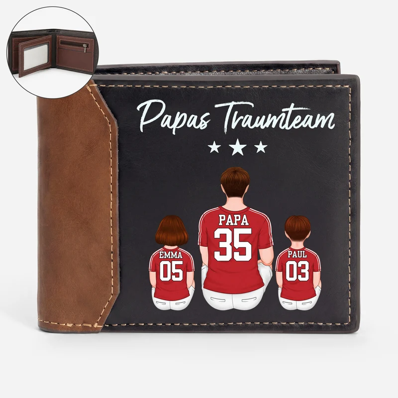 Papas Dreamteam Fußball - Personalisiertes Geschenk | Premium Leder Portemonnaie Herren Papa Opa