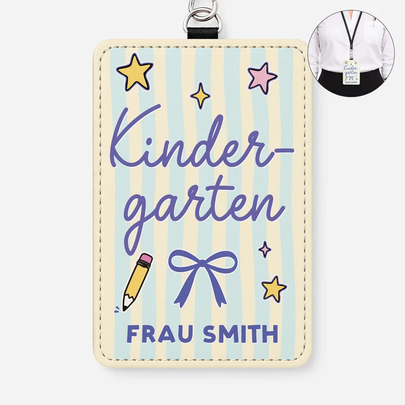 Kindergarten - Personalisiertes Geschenk | Leder Ausweishalter Mit Band Streifen Lehrer