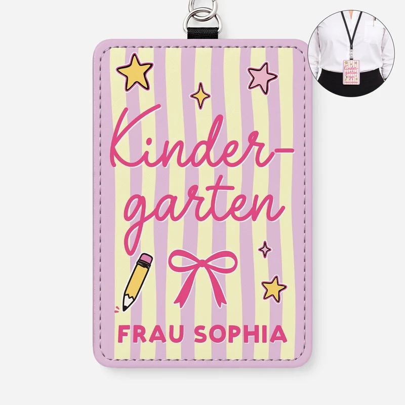 Kindergarten - Personalisiertes Geschenk | Leder Ausweishalter Mit Band Streifen Lehrer