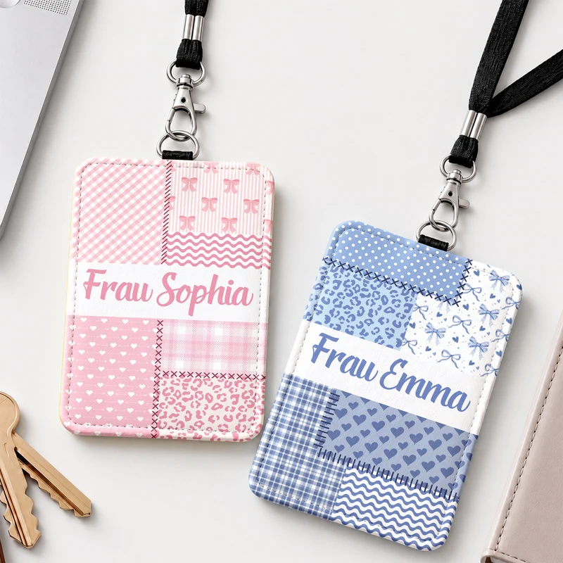Name + Patchwork - Personalisiertes Geschenk Lehrer | Leder Ausweishalter Mit Band