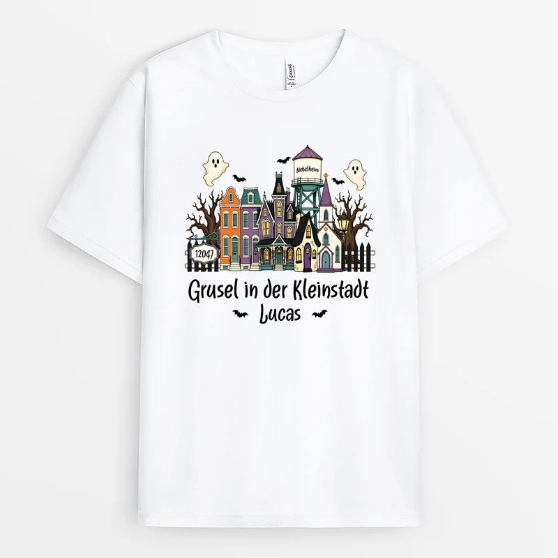 Grusel In Der Kleinstadt - Personalisiertes Geschenk | T Shirts Damen Männer Halloween Weiß