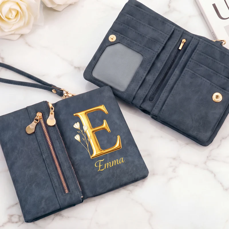 Alphabet Name + Geburtsmonat Blume - Personalisierte Geschenke Für Frauen | Trifold Portemonnaie Gold