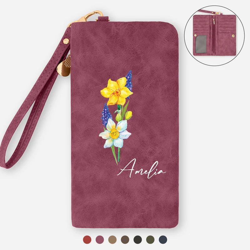 Name + Geburtsmonat Blume - Personalisierte Geschenke Für Frauen | Trifold Portemonnaie