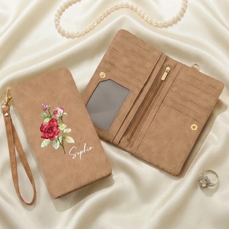 Name + Geburtsmonat Blume - Personalisierte Geschenke Für Frauen | Trifold Portemonnaie