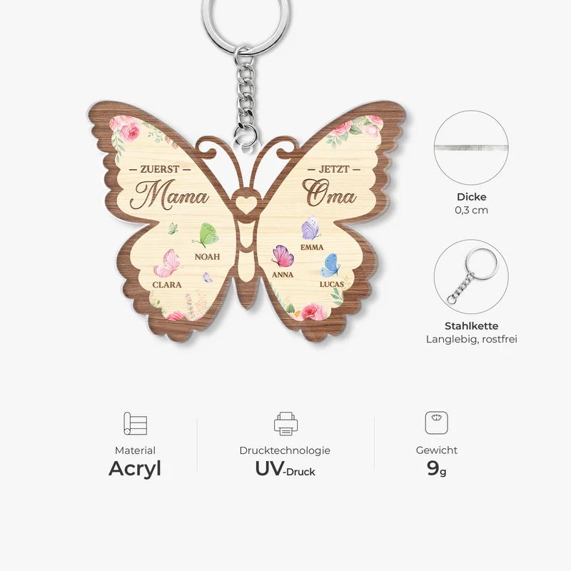Zuerst Mama Jetzt Oma - Personalisiertes Geschenk | Acryl Schlüsselanhänger Großer Schmetterling