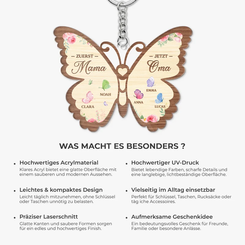 Zuerst Mama Jetzt Oma - Personalisiertes Geschenk | Acryl Schlüsselanhänger Großer Schmetterling
