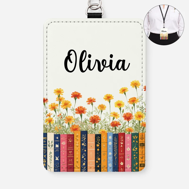 Geburtsmonat Blume + Bücher - Personalisiertes Geschenk | Leder Ausweishalter Mit Band Frauen Männer
