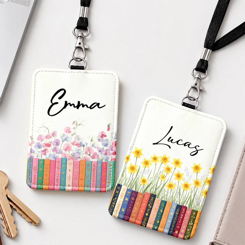 Geburtsmonat Blume + Bücher - Personalisiertes Geschenk | Leder Ausweishalter Mit Band Frauen Männer
