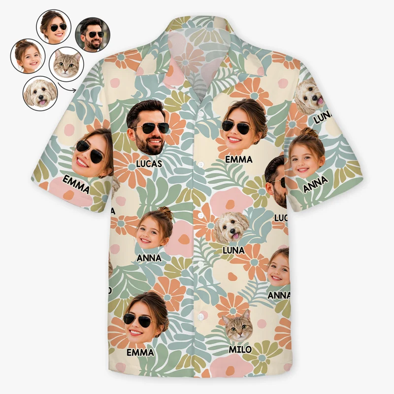 Hawaiihemd Mit Mehreren Gesichtern Blumen - Personalisiertes Geschenk | Hawaiihemd