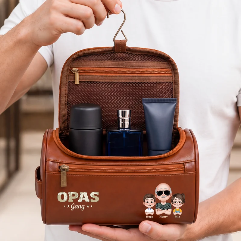 Papas Gang - Personalisiertes Geschenk | Kulturtasche Leder Papa Opa Weltkarten Tarnmuster