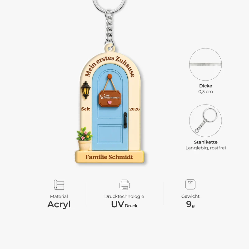 [3D-Optik] Unser Erstes Zuhause - Personalisierte Geschenke Zum Einzug | Acryl Schlüsselanhänger Familie