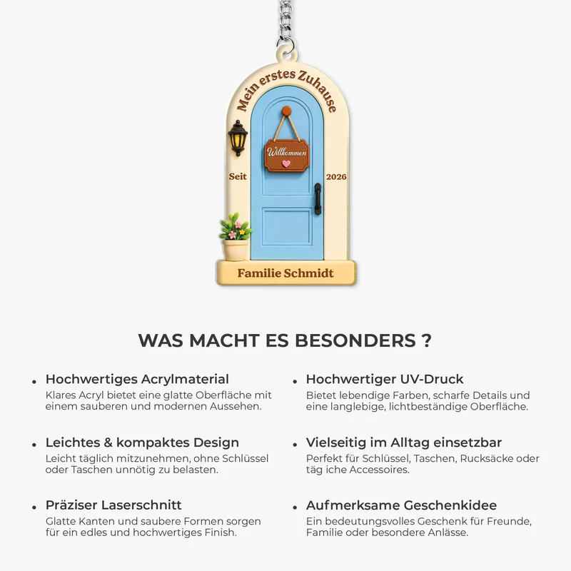 [3D-Optik] Unser Erstes Zuhause - Personalisierte Geschenke Zum Einzug | Acryl Schlüsselanhänger Familie