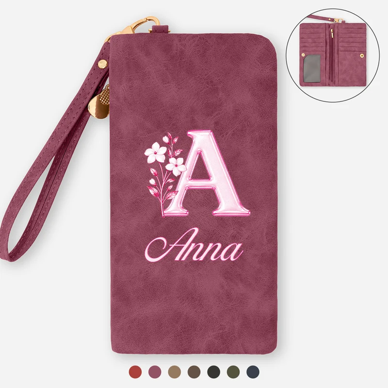 Alphabet Name + Geburtsmonat Blume - Personalisierte Geschenke Für Frauen | Wristlet Geldbörse Pink