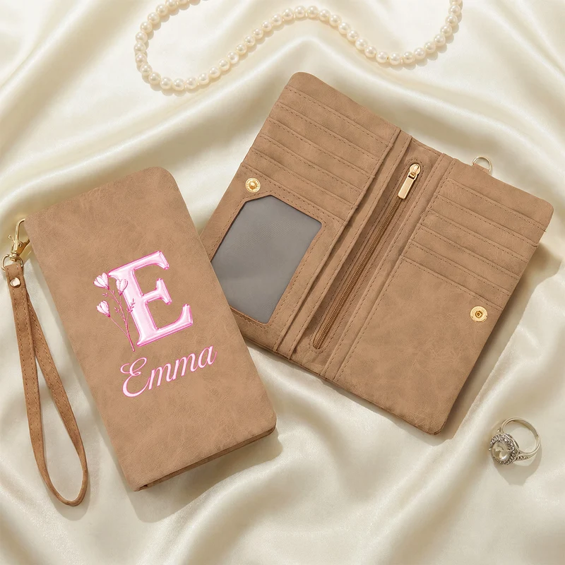 Alphabet Name + Geburtsmonat Blume - Personalisierte Geschenke Für Frauen | Wristlet Geldbörse Pink