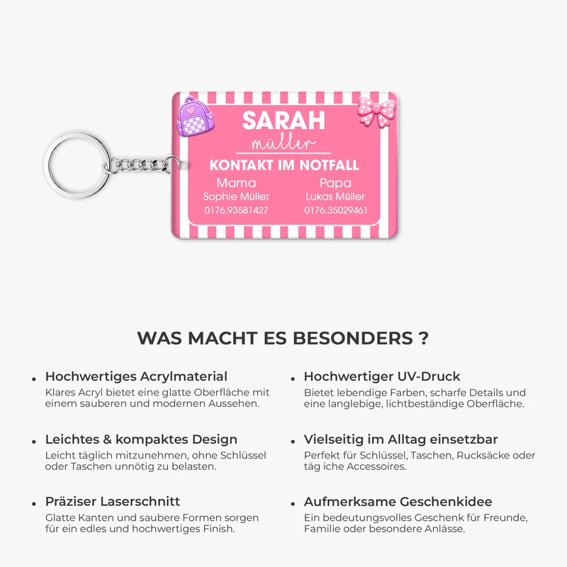 Kontakt Im Notfall - Personalisiertes Geschenk | Kinder Namensanhänger Schlüssel