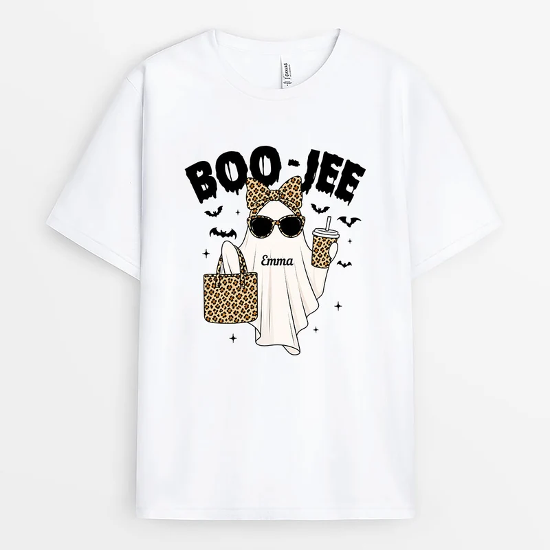 Boo-Jee - Personalisiertes Geschenk | Shirt Halloween Damen Leopardenmuster Weiß