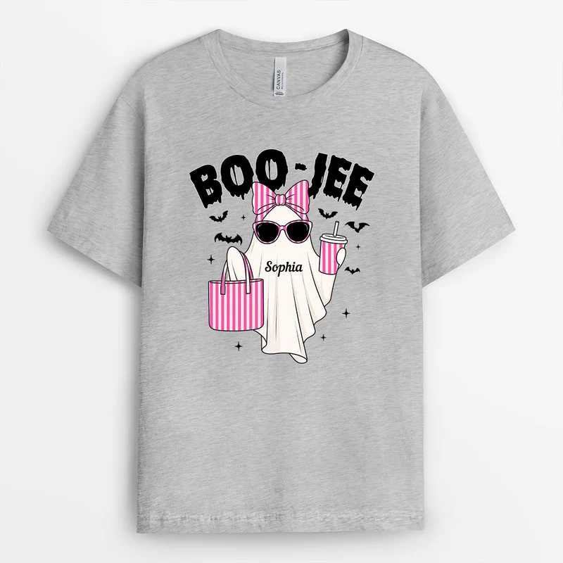Boo-Jee - Personalisiertes Geschenk | Shirt Halloween Damen Leopardenmuster Weiß