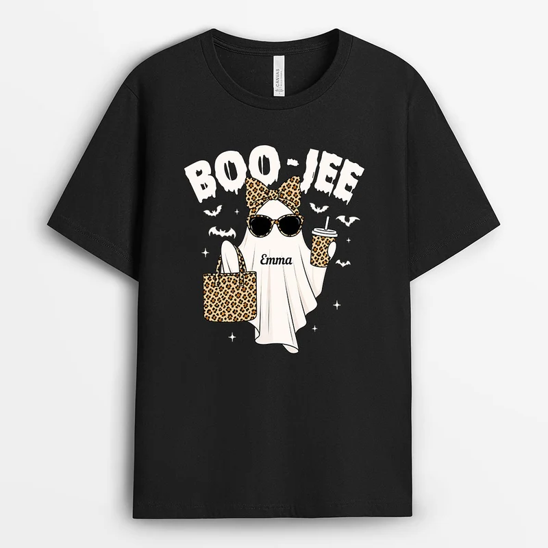Boo-Jee - Personalisiertes Geschenk | Shirt Halloween Damen Leopardenmuster Schwarz