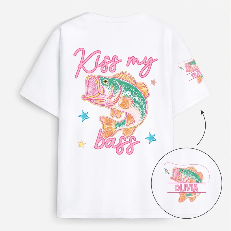 Kiss My Bass - Personalisierte Geschenke Lustig | T-Shirt Mit Rücken- Und Ärmelprint Sommer Angeln