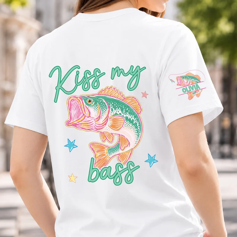 Kiss My Bass - Personalisierte Geschenke Lustig | T-Shirt Mit Rücken- Und Ärmelprint Sommer Angeln