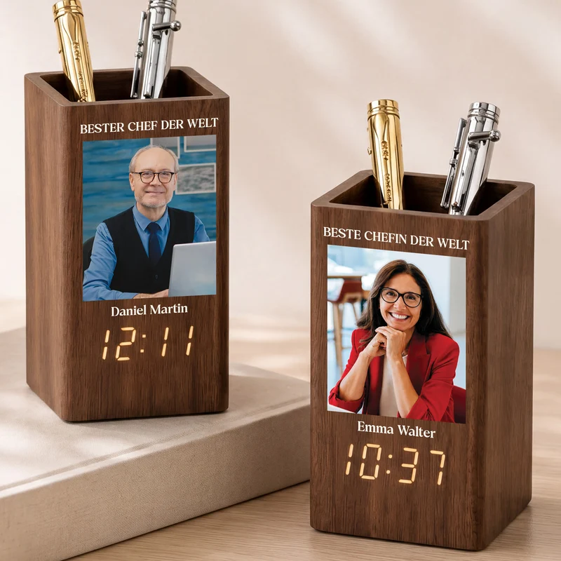 Bester Chef Der Welt - Personalisierte Geschenke Foto | Stiftehalter Mit Uhr