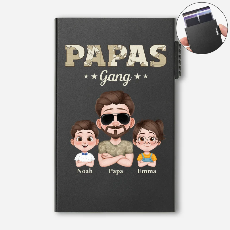 Papas Gang - Personalisiertes Geschenk | Aluminium Kreditkartenetui Papa Opa Weltkarten Tarnmuster
