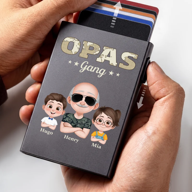Papas Gang - Personalisiertes Geschenk | Aluminium Kreditkartenetui Papa Opa Weltkarten Tarnmuster