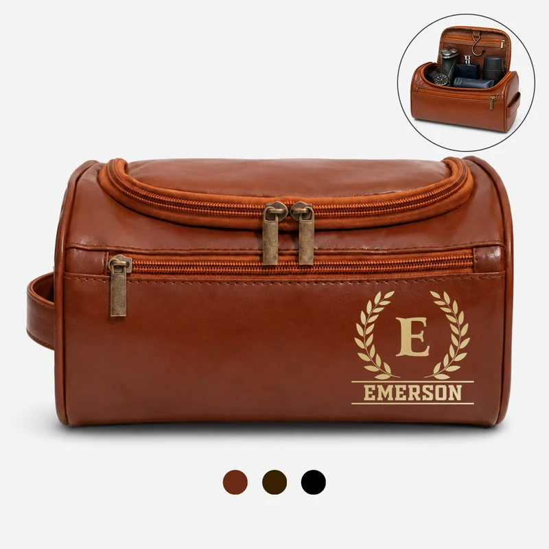 Alphabet Namen Buchstabieren - Personalisierte Geschenke Für Männer | Kulturtasche Leder Lorbeerkranz