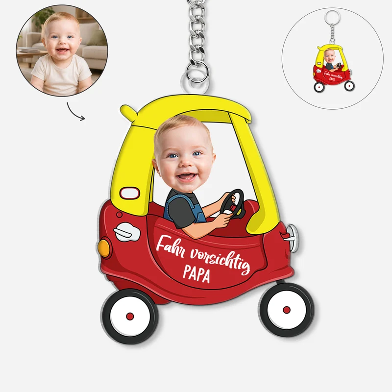 [3D-Optik] Fahr Vorsichtig Papa Opa - Personalisierte Geschenke Foto | Acryl Schlüsselanhänger Auto