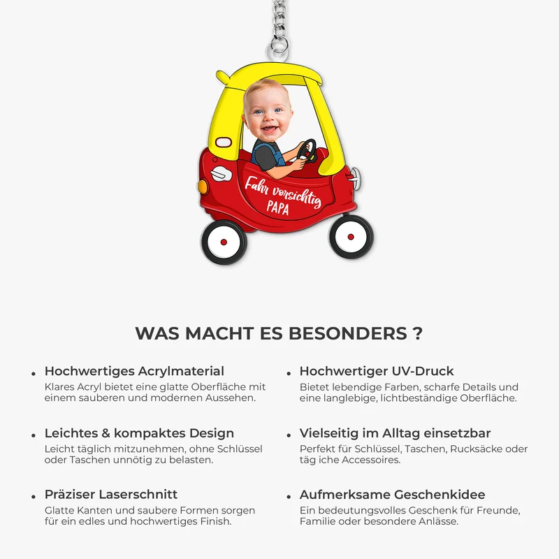 [3D-Optik] Fahr Vorsichtig Papa Opa - Personalisierte Geschenke Foto | Acryl Schlüsselanhänger Auto