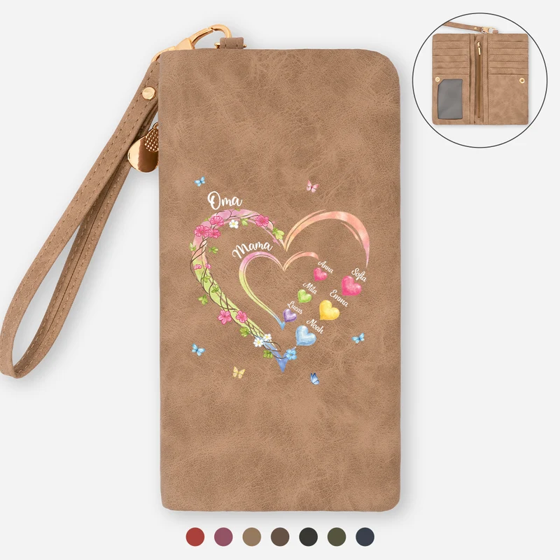 Oma Mama Kinder Herzen Kletterpflanze Blüten - Personalisiertes Geschenk | Wristlet Geldbörse